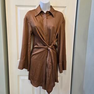 Giani Bini Mina Pebble Crepe Button Front Collar Lg Sleeve Tie Waist Shirt Dress